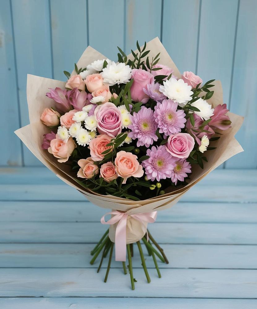 Букет цветов из: Хризантемы, Розы и Альстромерии в Озёрный Смоленская область