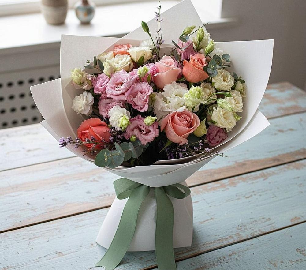 Букет цветов из: Розы, Лизиантусы и Гвоздики в Озёрный Смоленская область