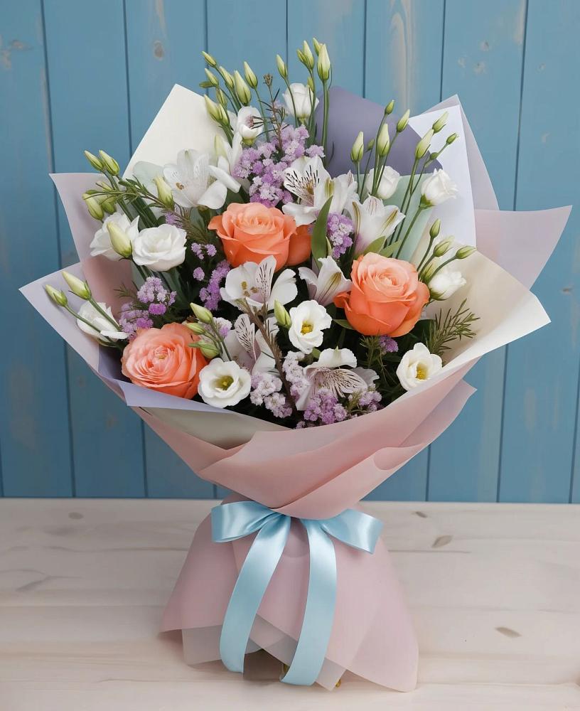 Букет цветов из: Лизиантусы, Розы, Альстромерии и Гипсофила в Озёрный Смоленская область