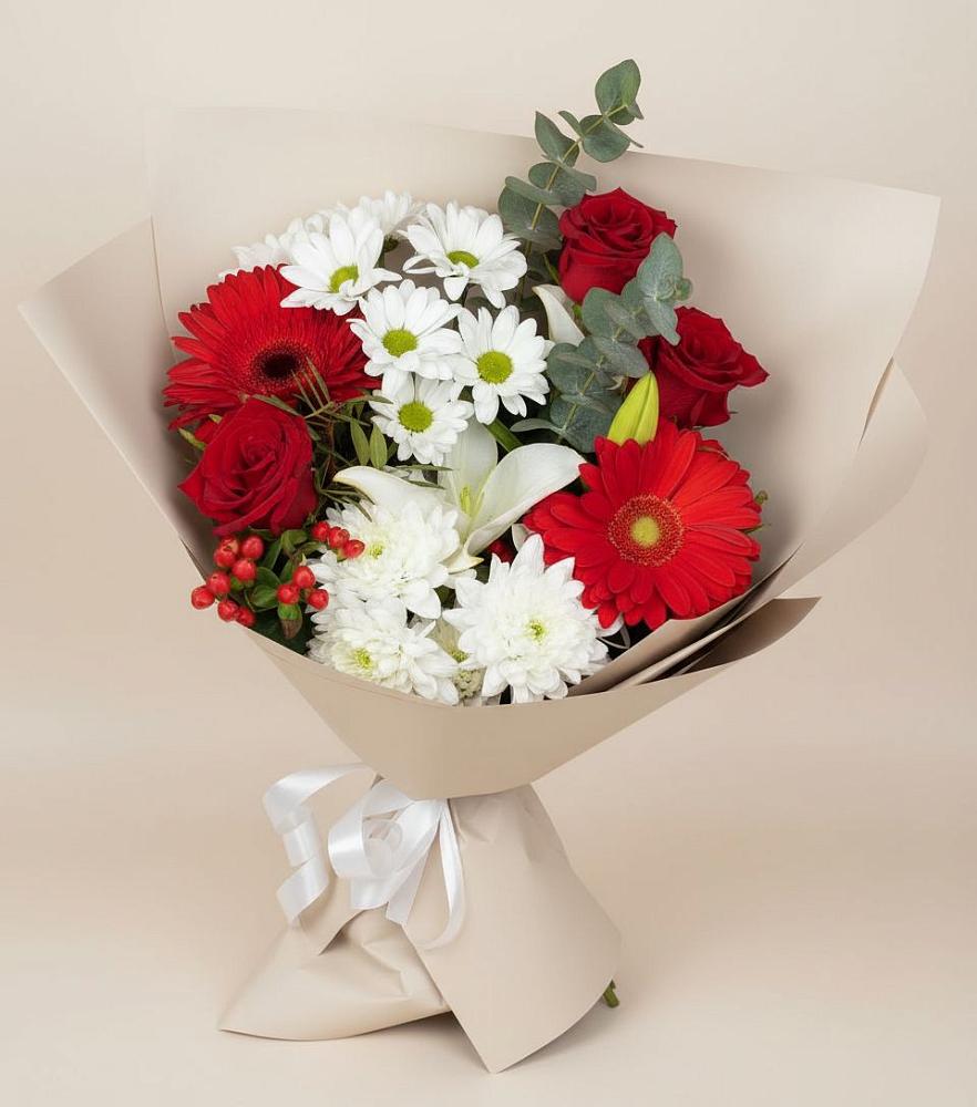 Букет цветов из: Розы, Хризантемы, Герберы и Лилии в Озёрный Смоленская область