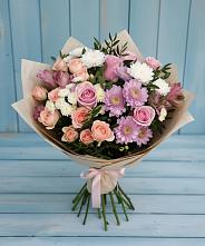 Букет цветов из:  Хризантемы, Розы и Альстромерии в Озёрный Смоленская область