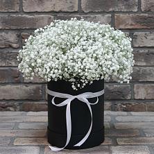 Цветочная композиция из Гипсофила в шляпной коробке в Озёрный Смоленская область