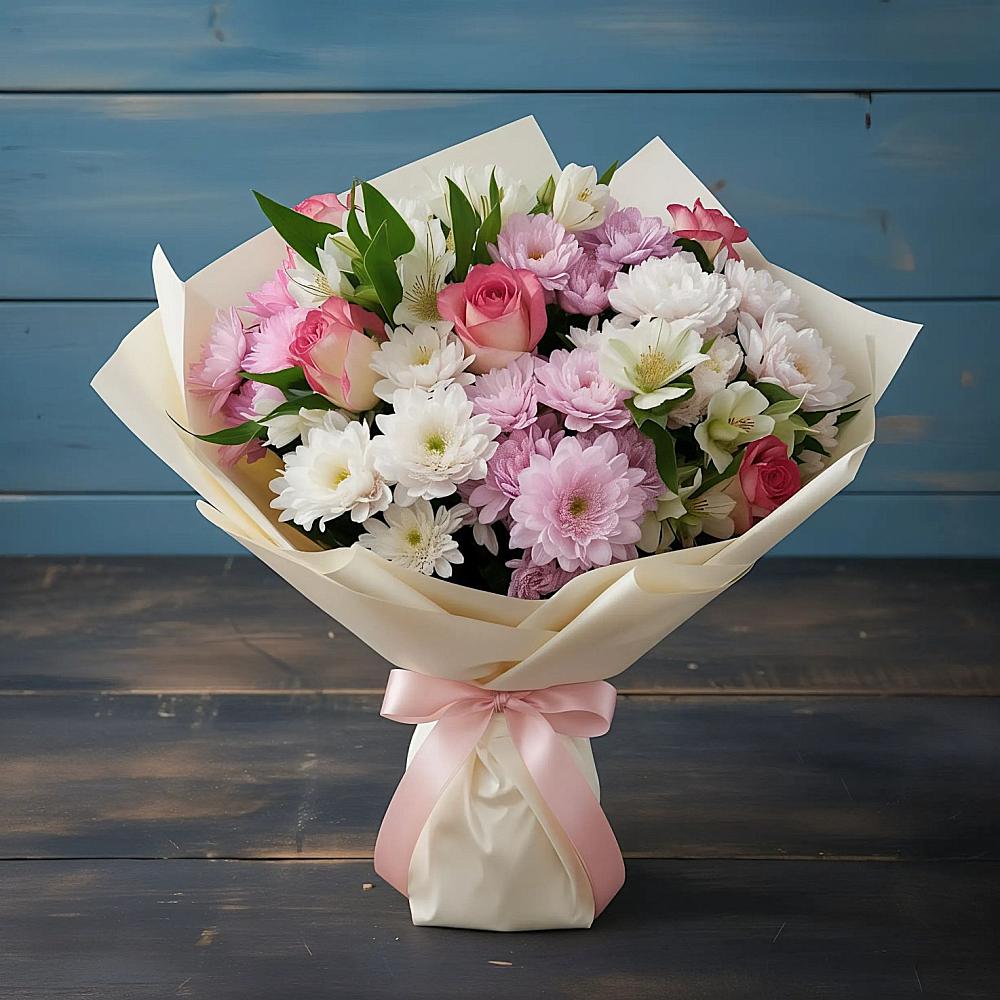 Букет цветов из: Хризантемы, Альстромерии и Розы в Озёрный Смоленская область